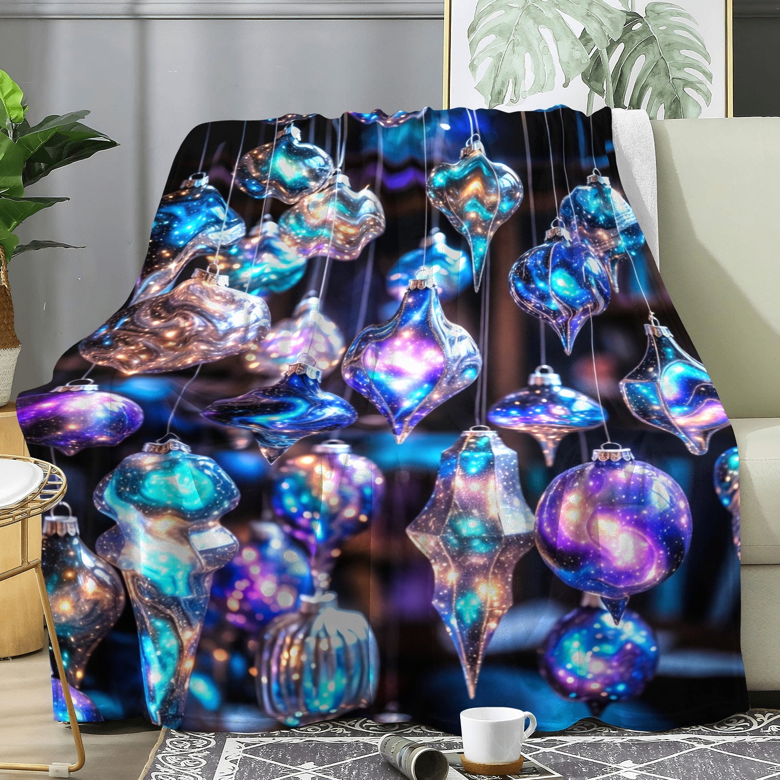 Cosmic Ornament Glow Plush Blanket – Galaxy Blue Holiday Ornaments + Cozy Winter Throw