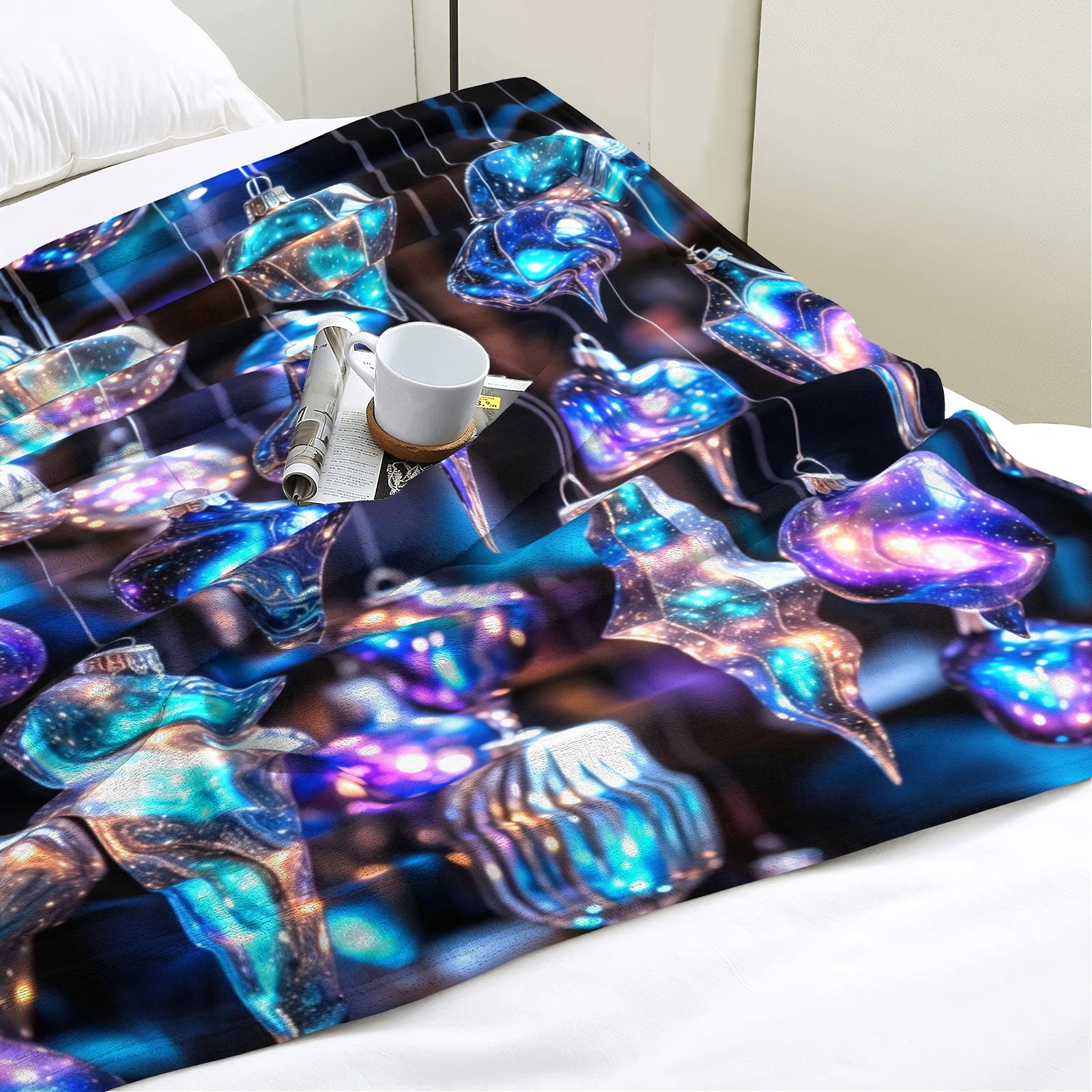 Cosmic Ornament Glow Plush Blanket – Galaxy Blue Holiday Ornaments + Cozy Winter Throw