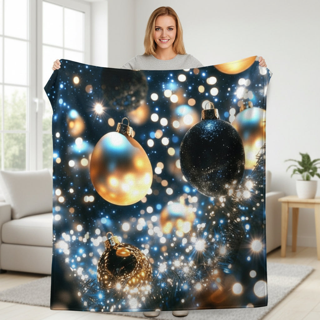 Midnight Sparkle Plush Blanket – Gold & Black Ornaments + Twinkle Bokeh Holiday Throw