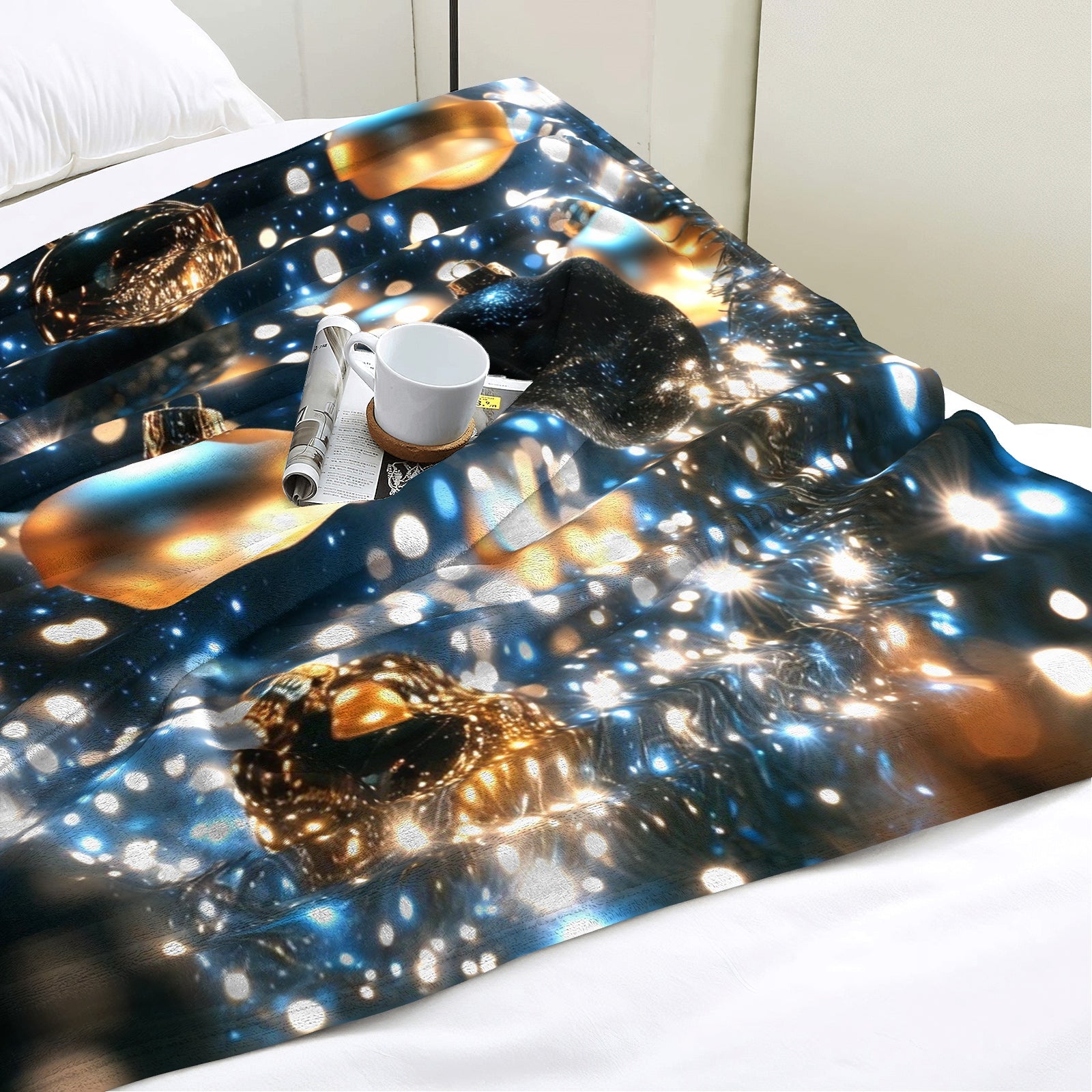 Midnight Sparkle Plush Blanket – Gold & Black Ornaments + Twinkle Bokeh Holiday Throw