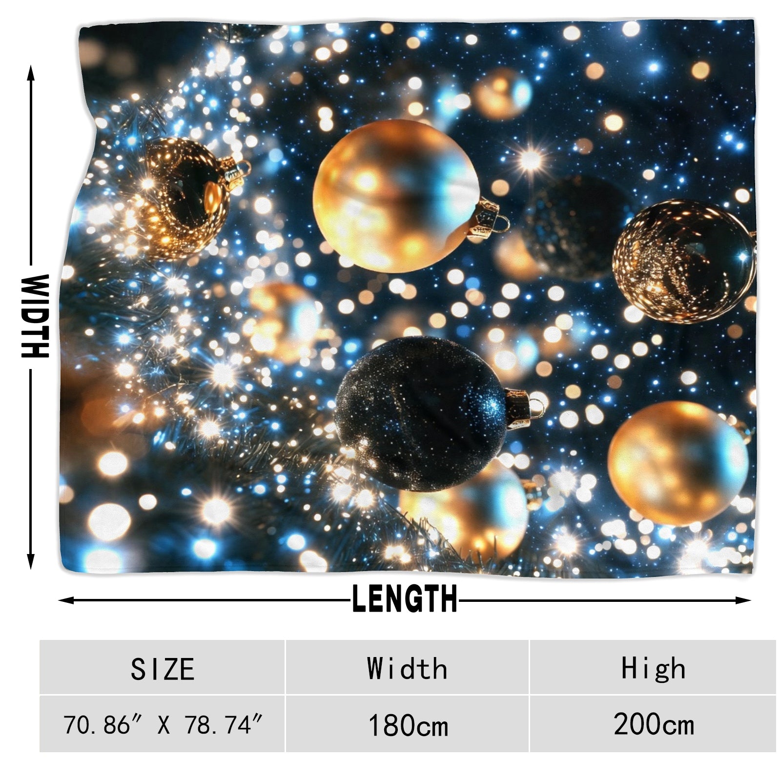 Midnight Sparkle Plush Blanket – Gold & Black Ornaments + Twinkle Bokeh Holiday Throw