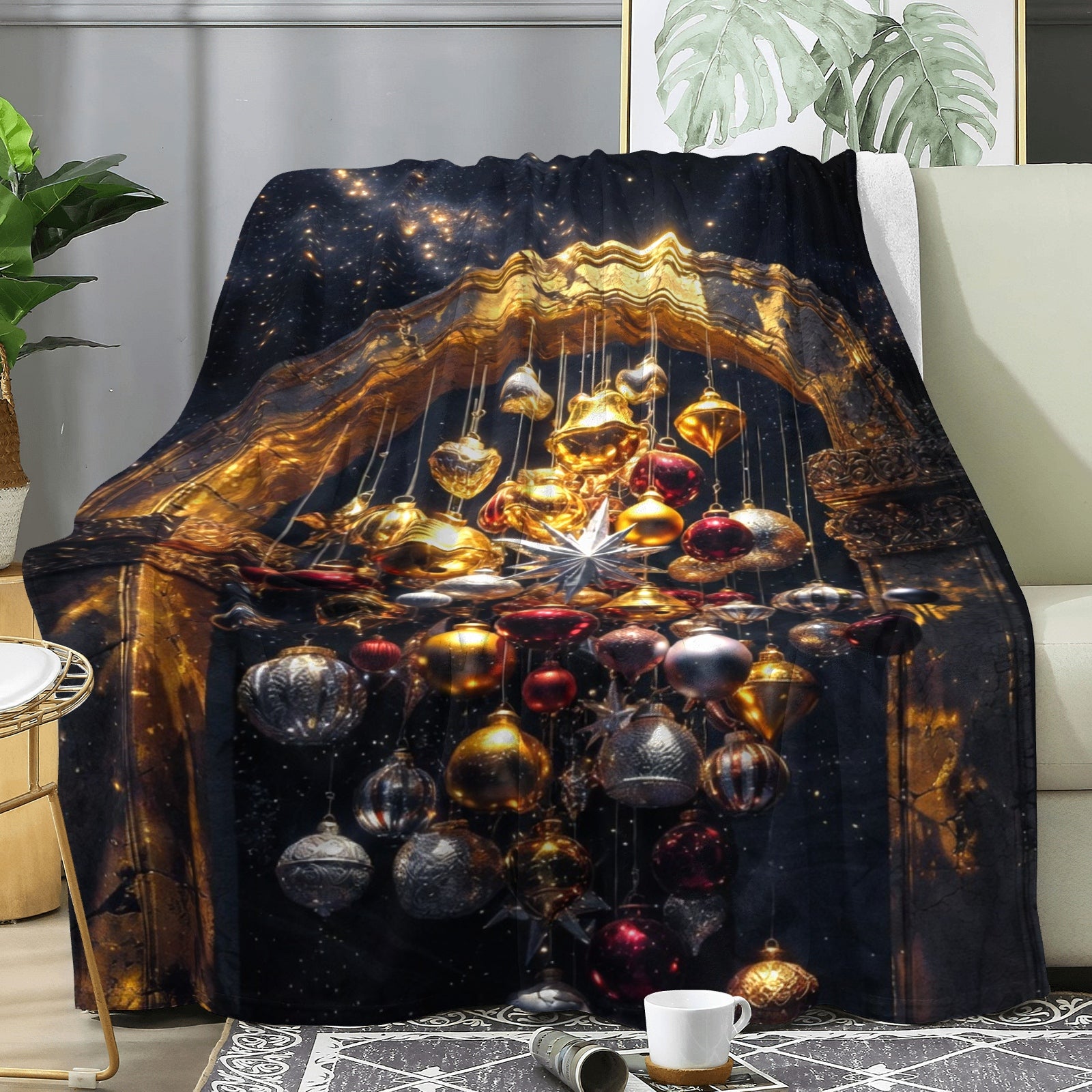 Midnight Gilded Ornaments Throw Blanket