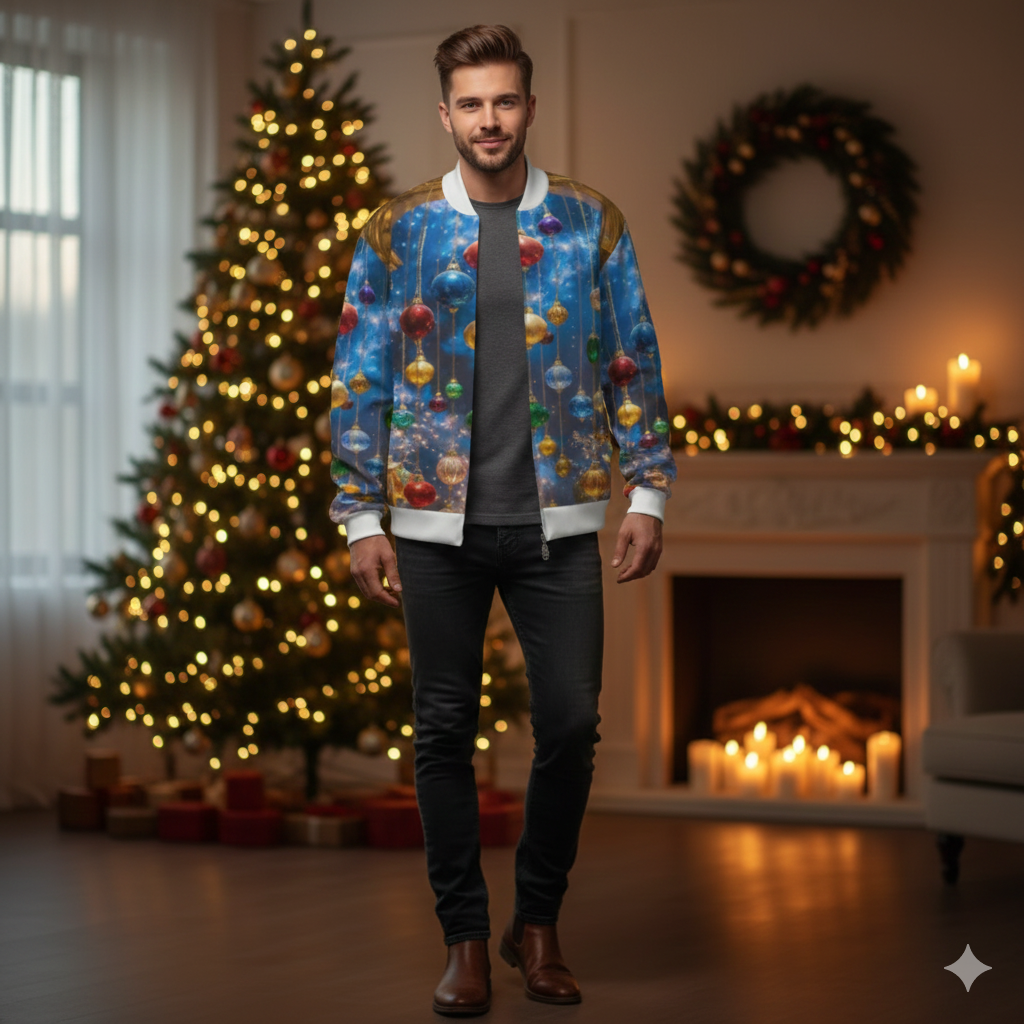 Celestial Ornament Bomber Jacket – Holiday Glam Zip-Up Jacket (Blue & Gold)