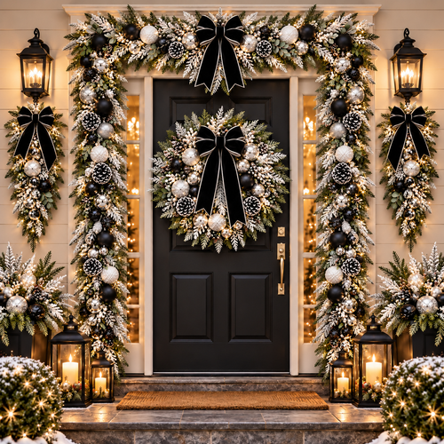 Black, white and silver Christmas entryway concept with wreath, two swags and garland surround
