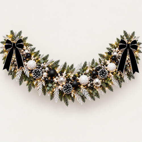 Illuminated black, white and silver Christmas garland concept with black ribbon and coordinating accents