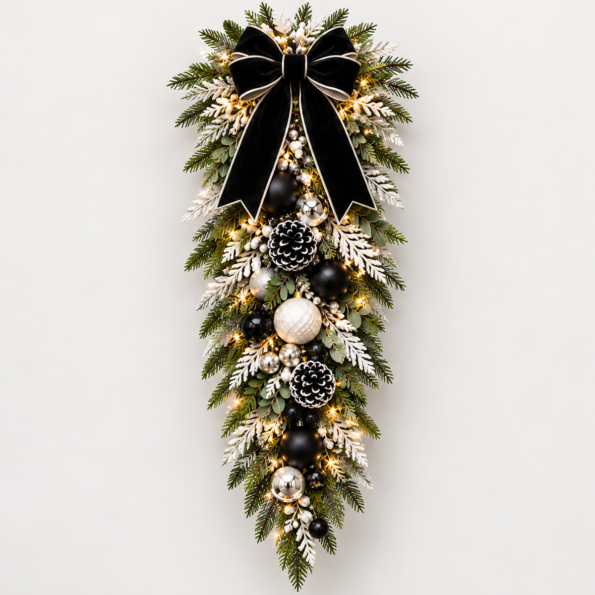 Illuminated black, white and silver Christmas swag concept with black ribbon and coordinated ornament accents