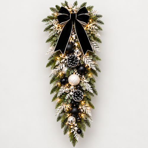 Illuminated black, white and silver Christmas swag concept with black ribbon and coordinated ornament accents