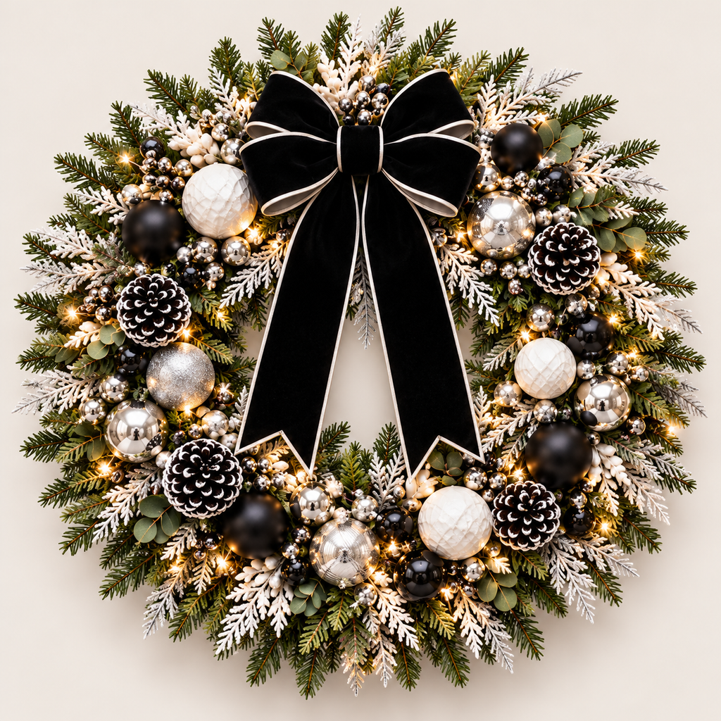 Illuminated black, white and silver Christmas wreath concept with a black ribbon bow and layered accents