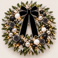 Illuminated black, white and silver Christmas wreath concept with a black ribbon bow and layered accents