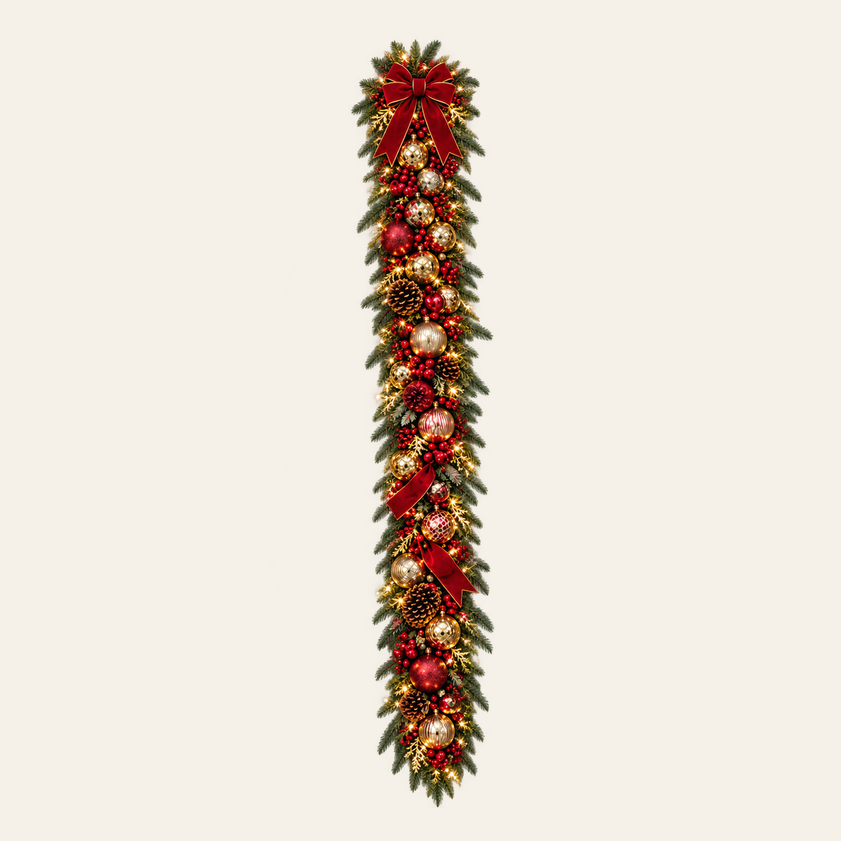 Traditional Red & Gold standalone garland, AI-assisted made-to-order design concept; not to scale; illuminated concept shown