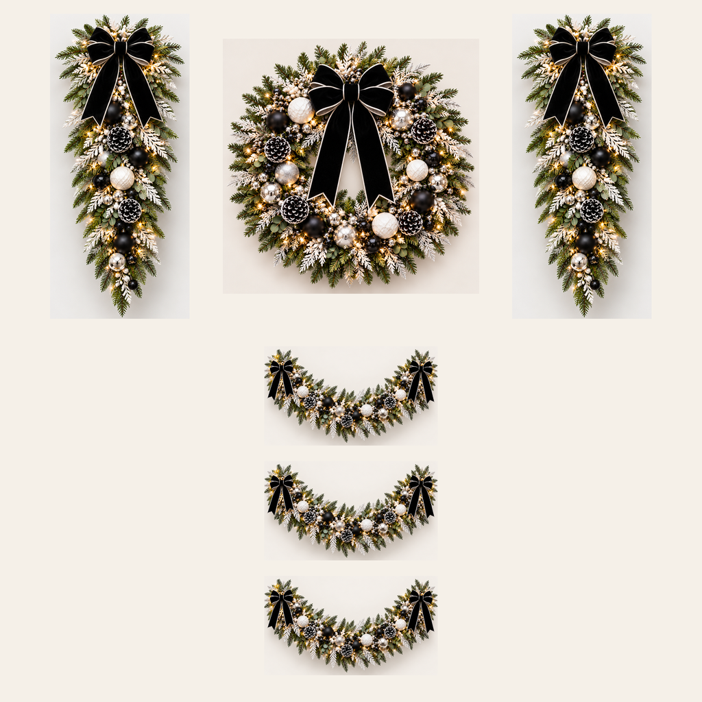 Black, White & Silver AI-assisted component concept: 1 wreath, 2 swags and 3 separate 5-foot garlands, 15 feet total; not to scale; not finished-product photography