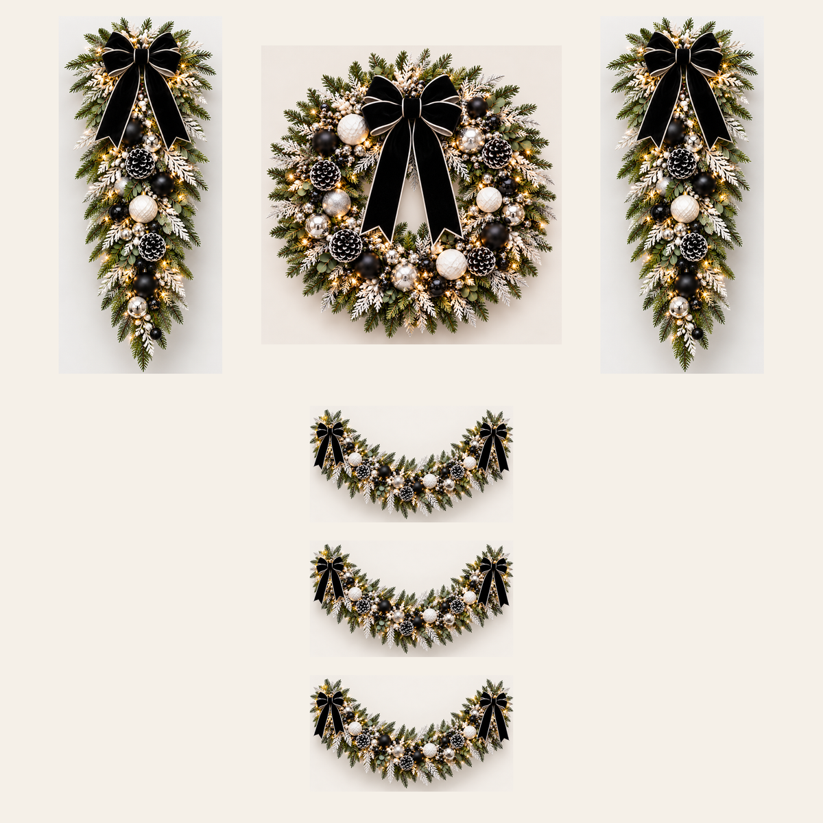 Black, White & Silver AI-assisted component concept: 1 wreath, 2 swags and 3 separate 5-foot garlands, 15 feet total; not to scale; not finished-product photography