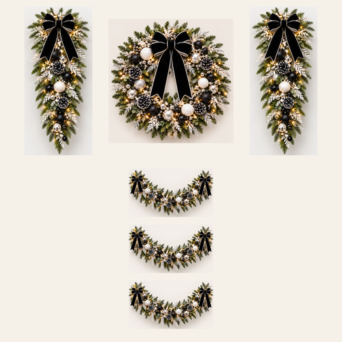 Black, White & Silver AI-assisted component concept: 1 wreath, 2 swags and 3 separate 5-foot garlands, 15 feet total; not to scale; not finished-product photography