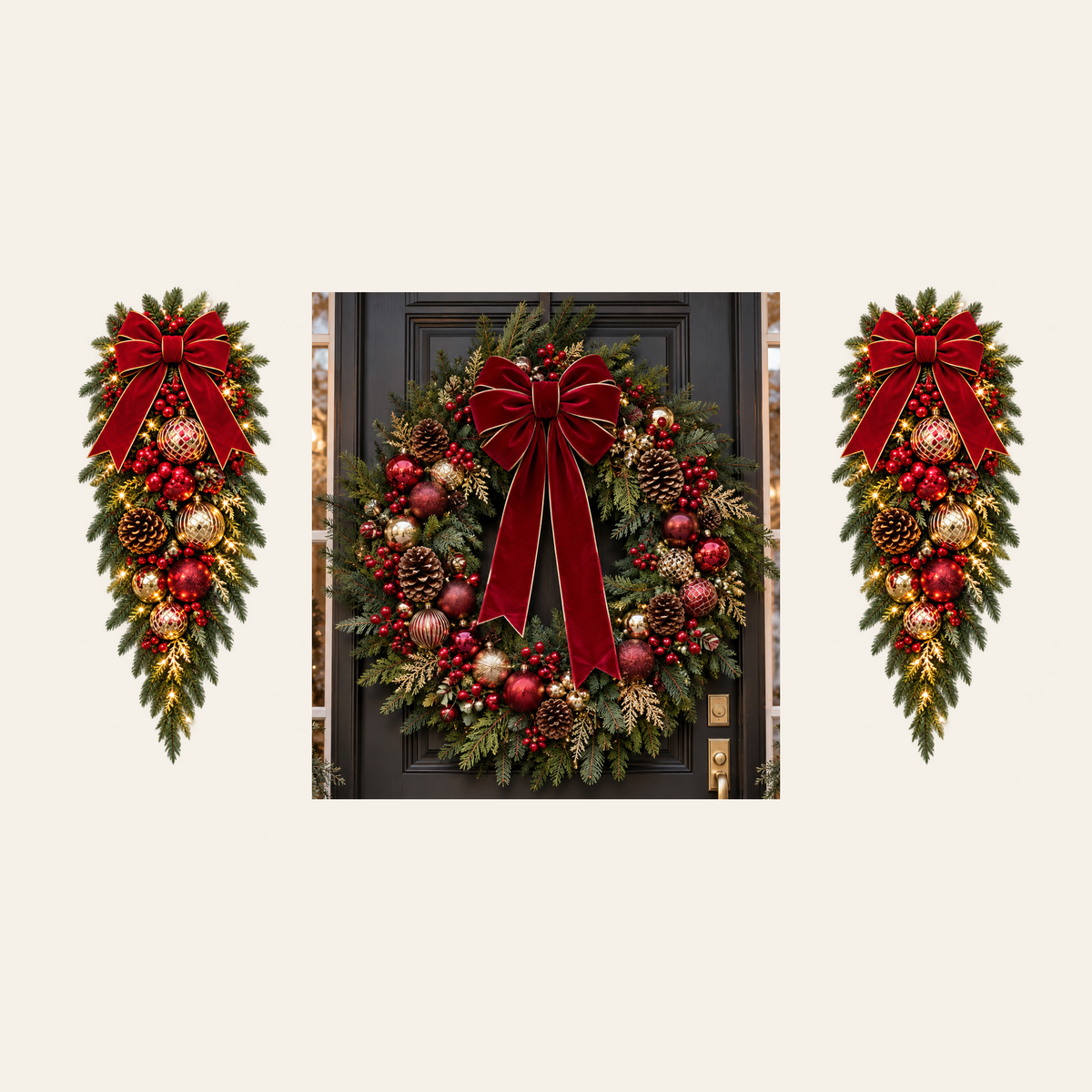 Traditional Red & Gold AI-assisted component concept: 1 wreath and 2 swags; no garland; not to scale; not finished-product photography