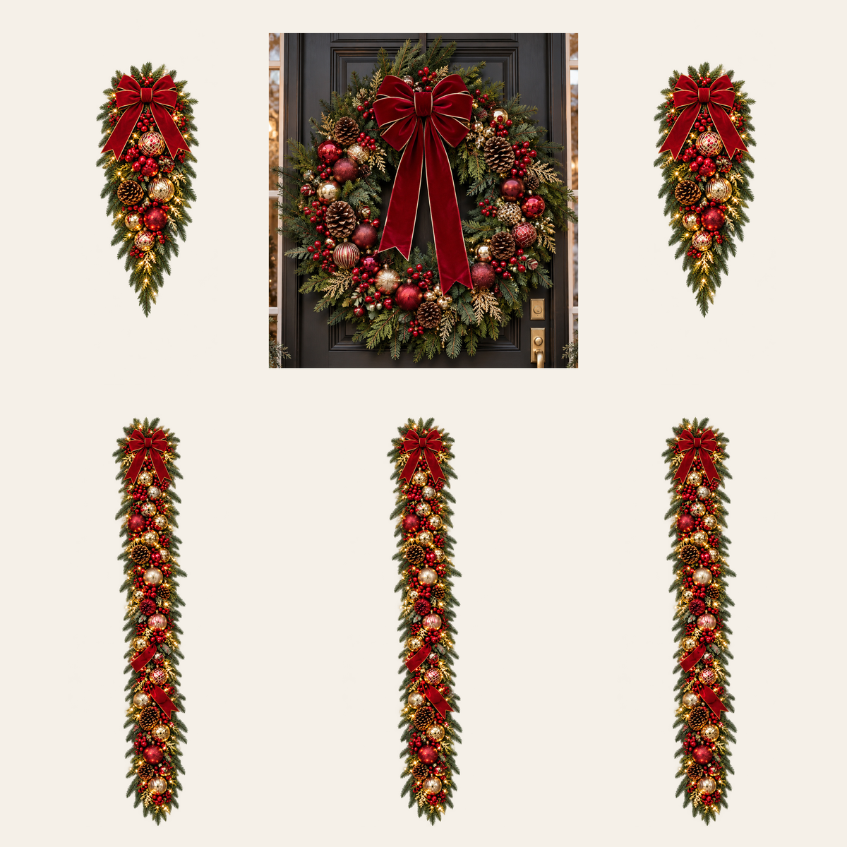 Traditional Red & Gold AI-assisted component concept: 1 wreath, 2 swags and 3 separate 5-foot garlands, 15 feet total; not to scale; not finished-product photography