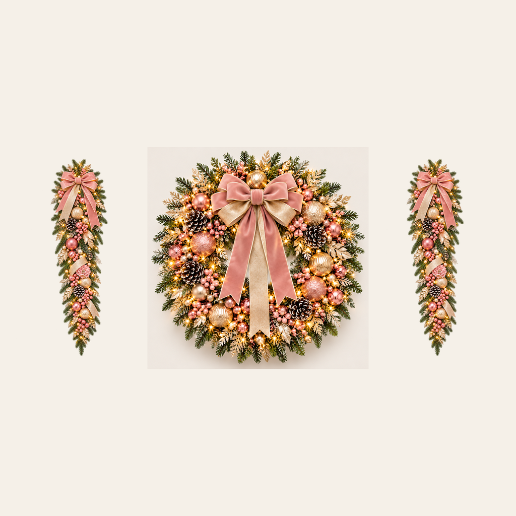 Pink Champagne AI-assisted component concept: 1 wreath and 2 swags; no garland; not to scale; not finished-product photography