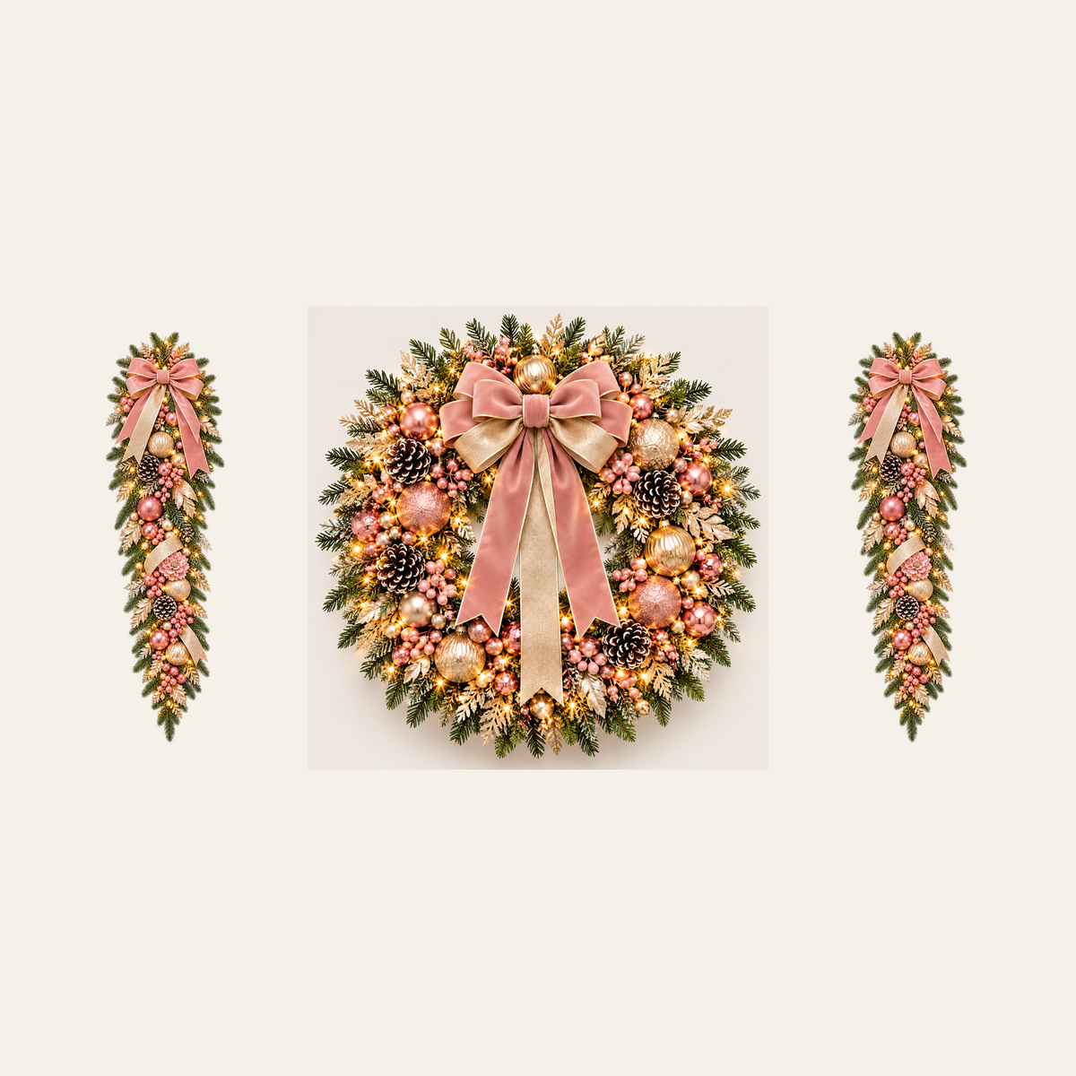 Pink Champagne AI-assisted component concept: 1 wreath and 2 swags; no garland; not to scale; not finished-product photography