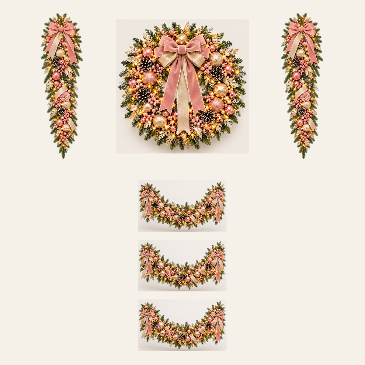 Pink Champagne AI-assisted component concept: 1 wreath, 2 swags and 3 separate 5-foot garlands, 15 feet total; not to scale; not finished-product photography
