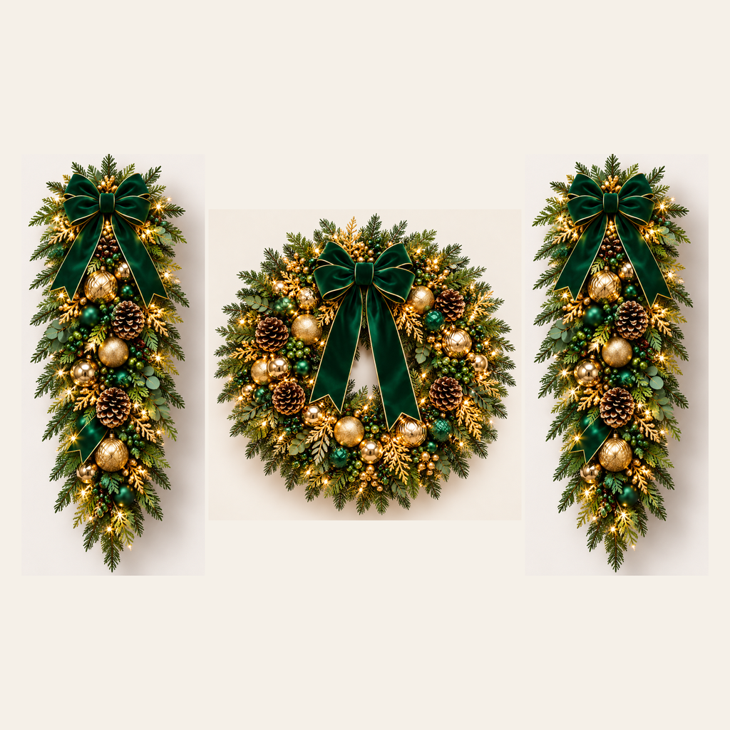 Emerald Green & Gold AI-assisted component concept: 1 wreath and 2 swags; no garland; not to scale; not finished-product photography