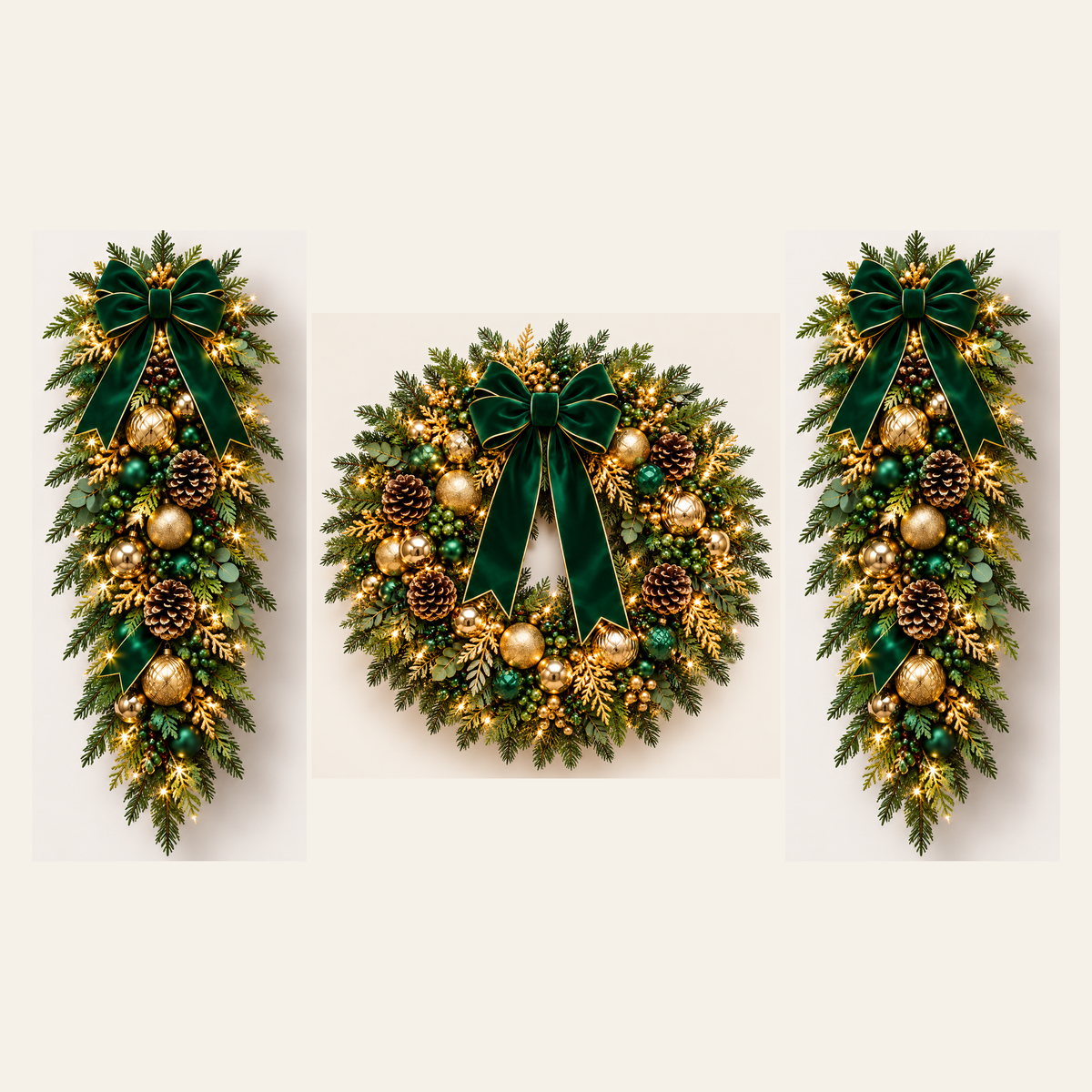 Emerald Green & Gold AI-assisted component concept: 1 wreath and 2 swags; no garland; not to scale; not finished-product photography