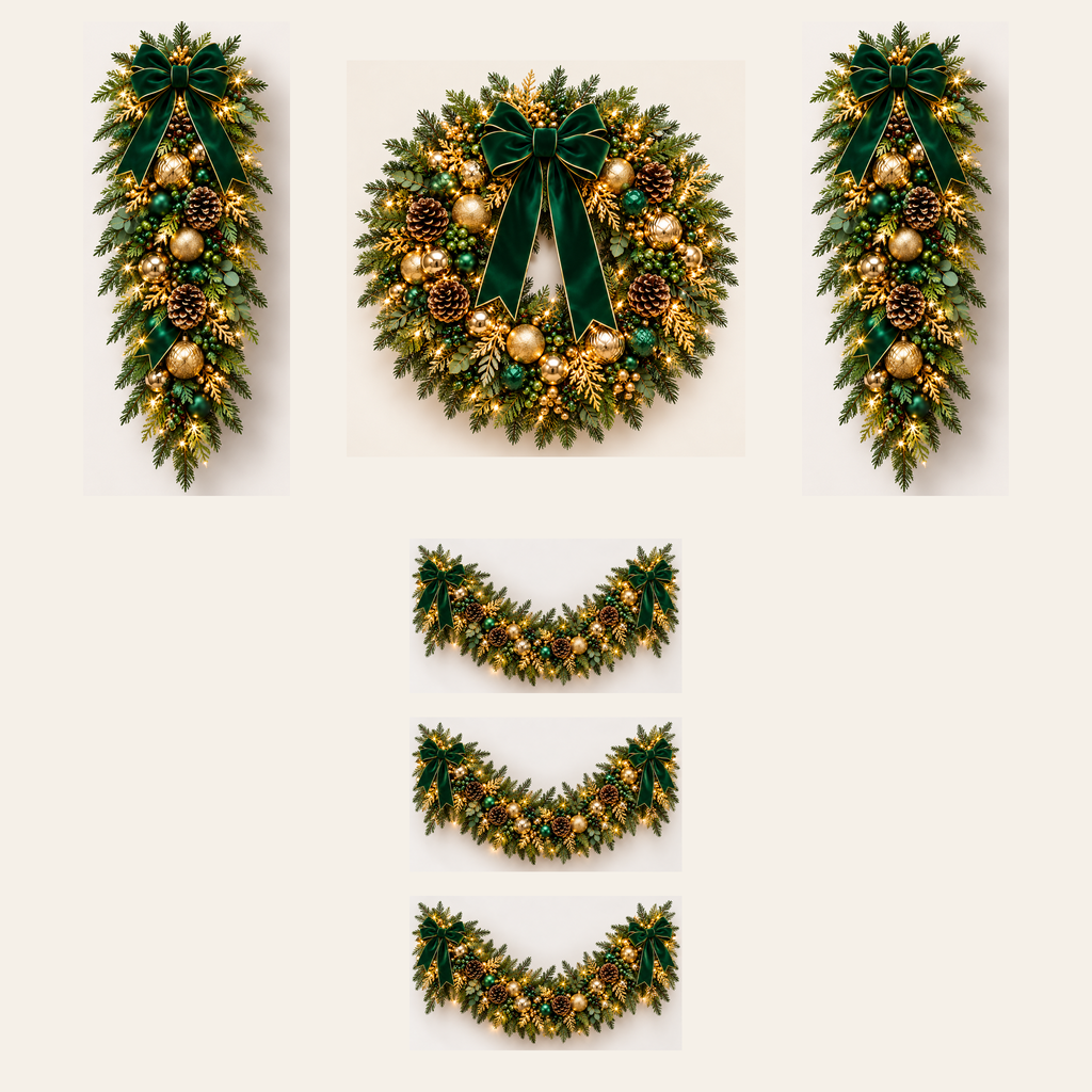 Emerald Green & Gold AI-assisted component concept: 1 wreath, 2 swags and 3 separate 5-foot garlands, 15 feet total; not to scale; not finished-product photography