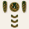 Emerald Green & Gold AI-assisted component concept: 1 wreath, 2 swags and 3 separate 5-foot garlands, 15 feet total; not to scale; not finished-product photography