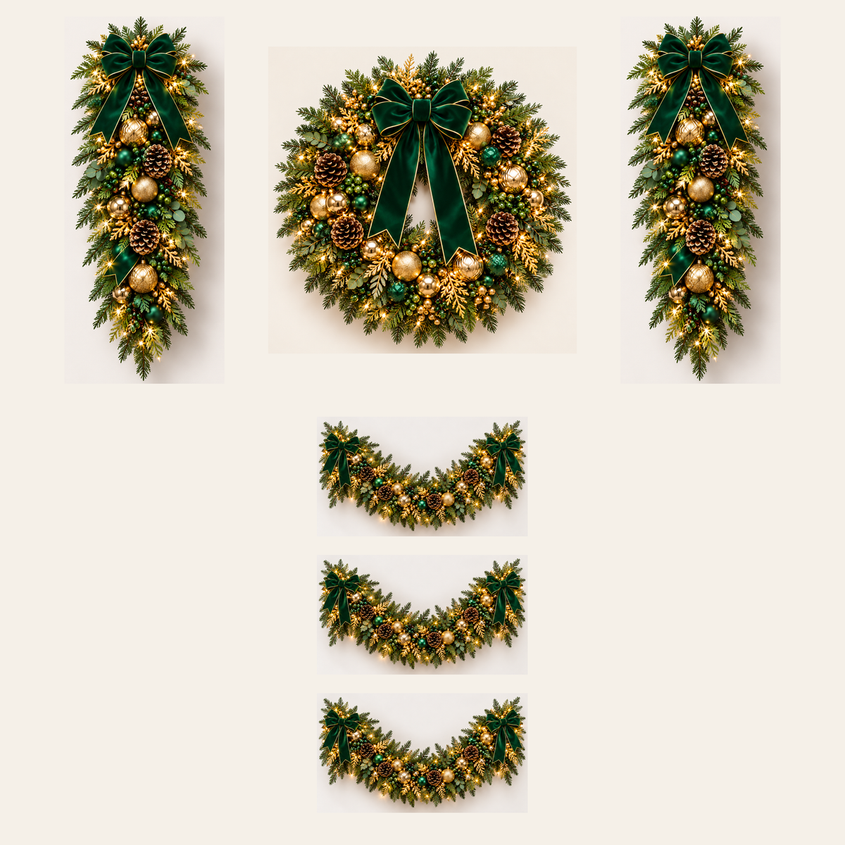 Emerald Green & Gold AI-assisted component concept: 1 wreath, 2 swags and 3 separate 5-foot garlands, 15 feet total; not to scale; not finished-product photography