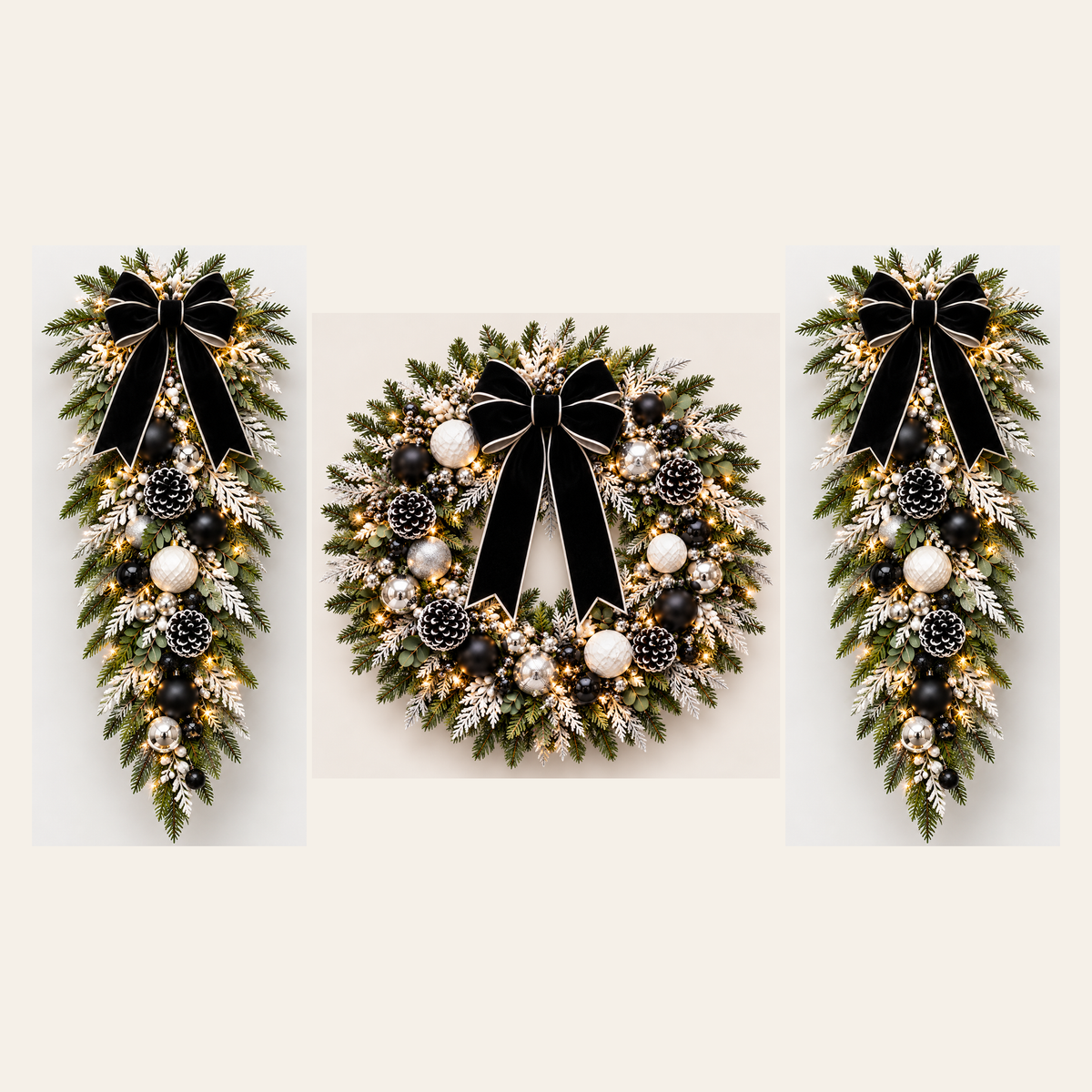 Black, White & Silver AI-assisted component concept: 1 wreath and 2 swags; no garland; not to scale; not finished-product photography
