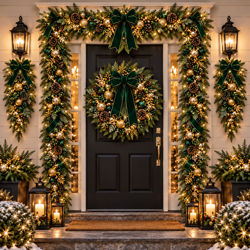 Alternate emerald green and gold Christmas entryway concept with coordinating wreath, swags and garland