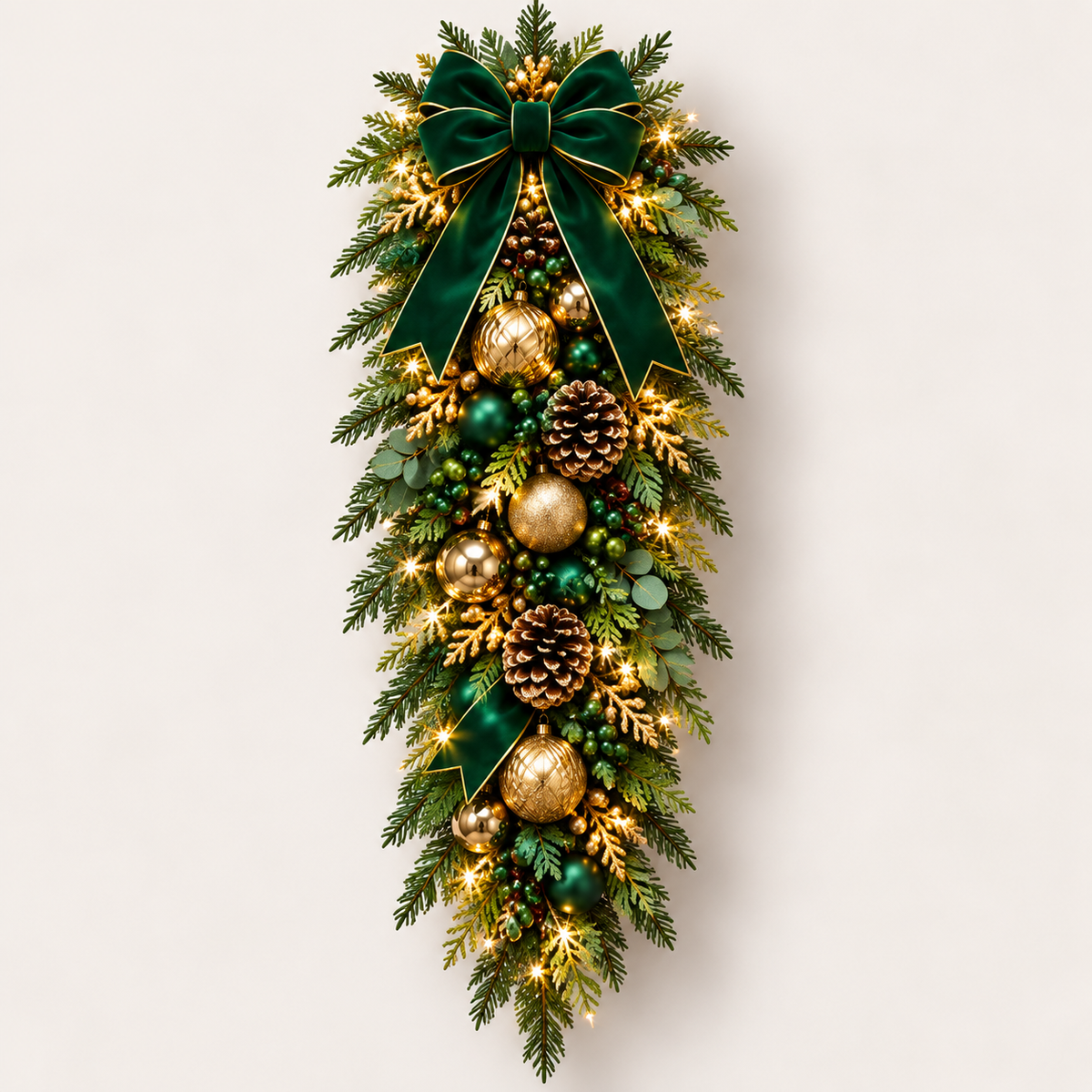 Illuminated emerald green and gold Christmas swag concept with a green ribbon bow and ornament accents
