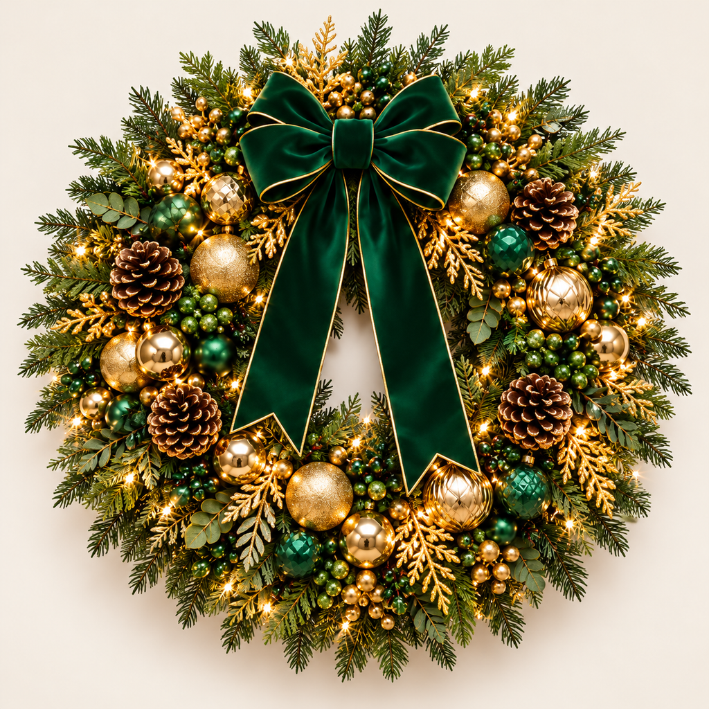 Illuminated emerald green and gold Christmas wreath concept with layered greenery and a green ribbon bow