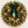 Illuminated emerald green and gold Christmas wreath concept with layered greenery and a green ribbon bow