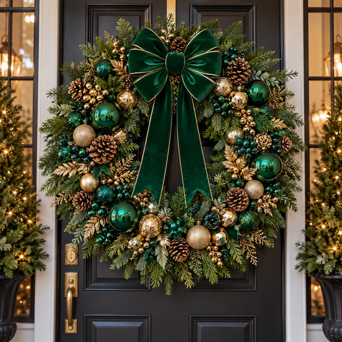 Emerald green and gold Christmas wreath concept on a black door, with green ribbon, pinecones and gold ornament accents