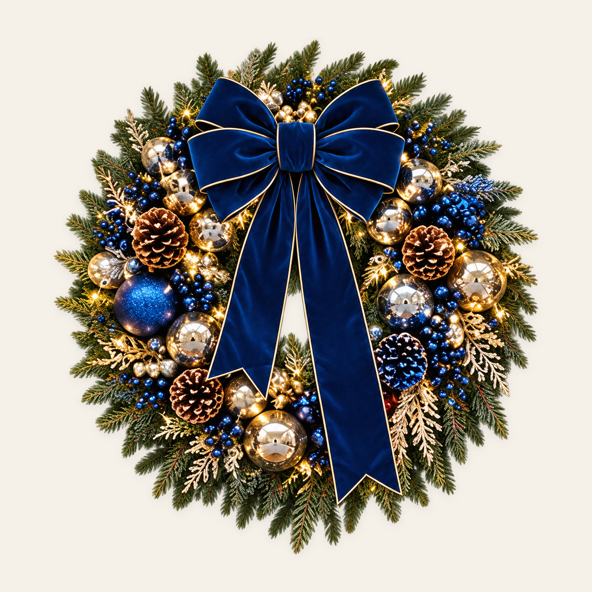 Navy Blue and Gold Signature Christmas Wreath, AI-assisted made-to-order design concept; not to scale
