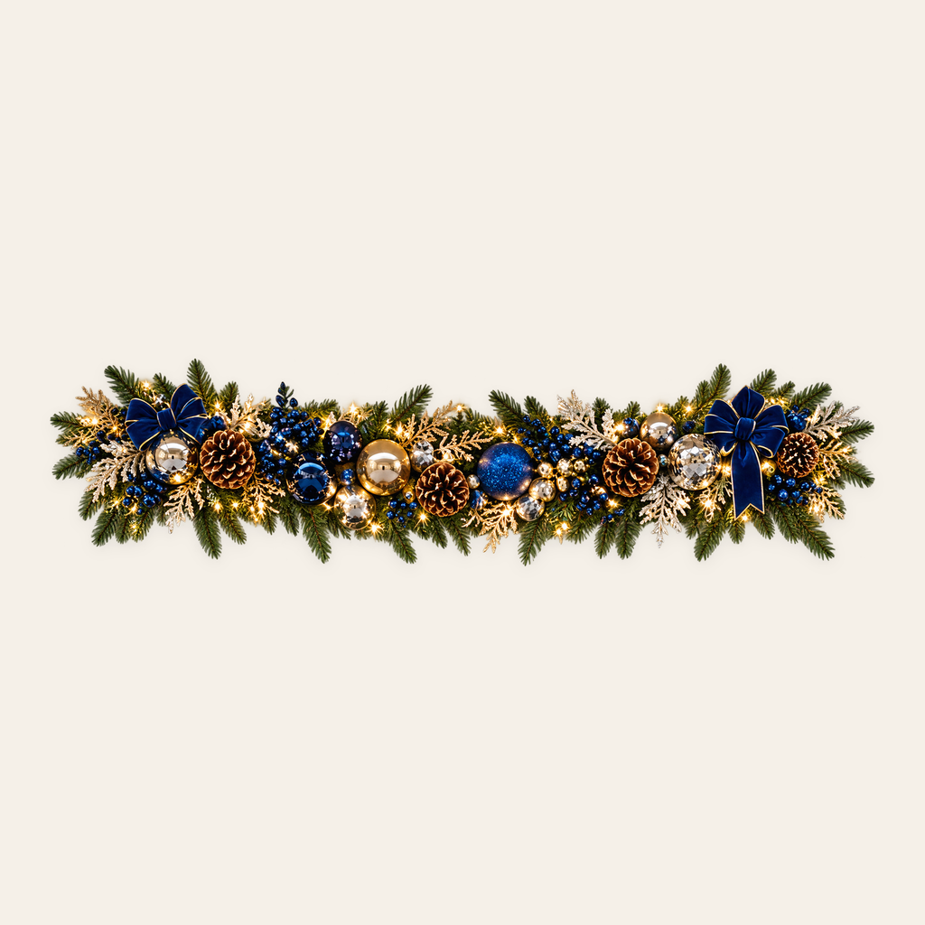 Navy Blue and Gold Signature Christmas Garland, AI-assisted made-to-order design concept; not to scale