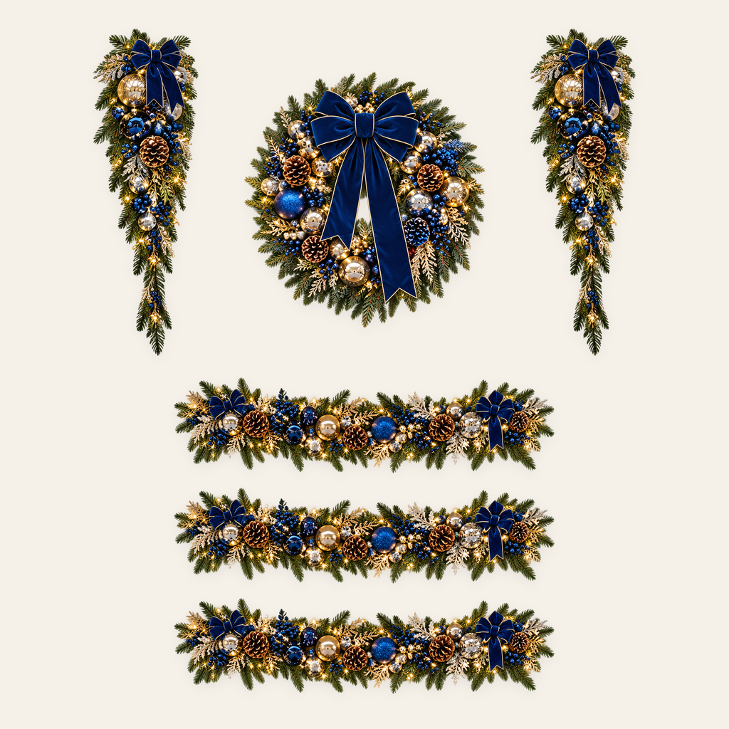 Navy Blue and Gold Grand Entry Luxe, AI-assisted made-to-order design concept; 1 wreath, 2 swags and 3 separate garlands, 15 feet total; not to scale
