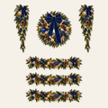 Navy Blue and Gold Grand Entry Luxe, AI-assisted made-to-order design concept; 1 wreath, 2 swags and 3 separate garlands, 15 feet total; not to scale