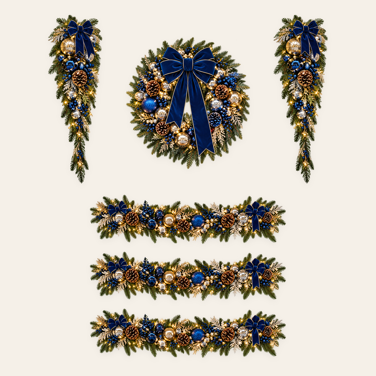 Navy Blue and Gold Grand Entry Luxe, AI-assisted made-to-order design concept; 1 wreath, 2 swags and 3 separate garlands, 15 feet total; not to scale