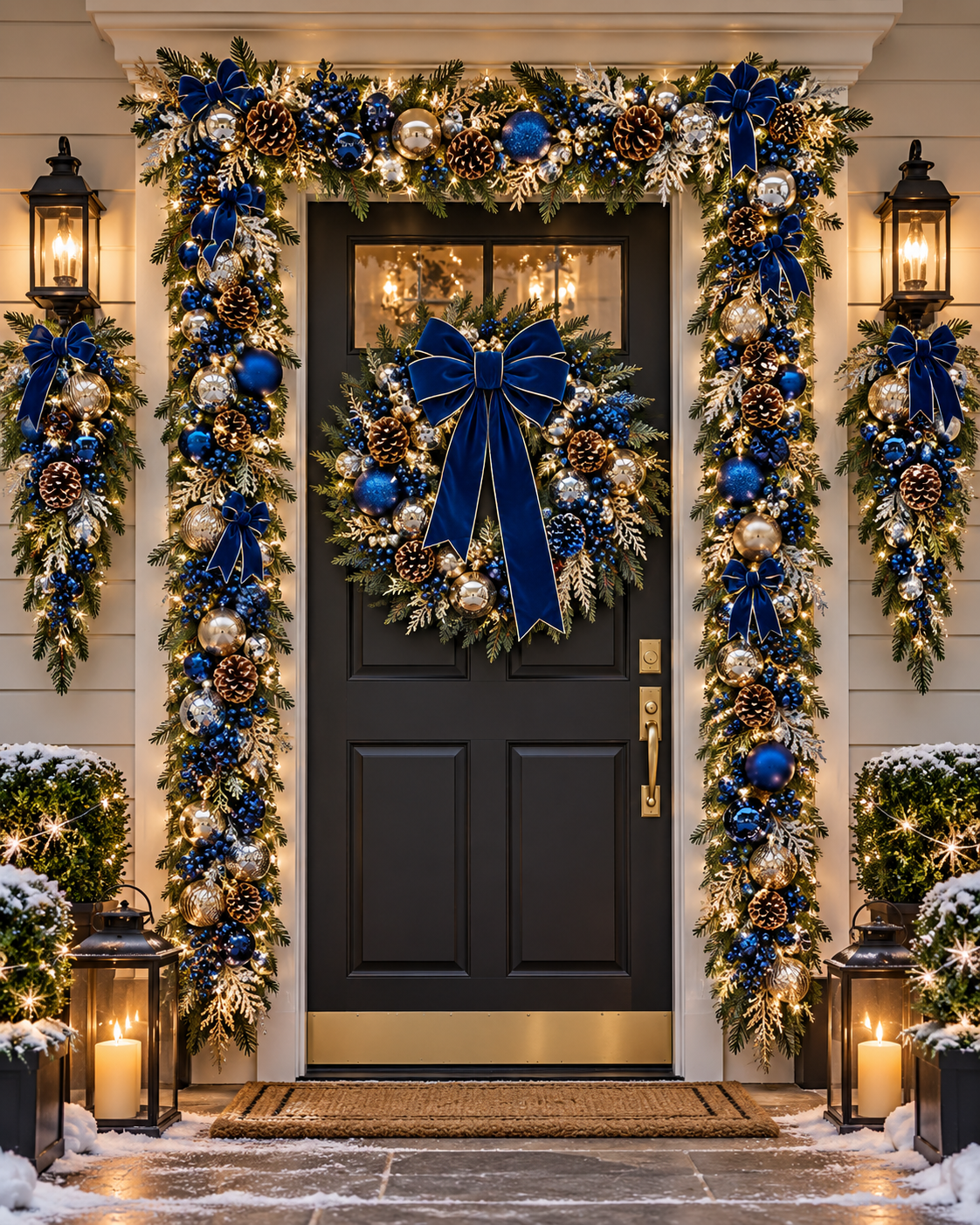 Navy Blue and Gold doorway styling concept, not a finished installation photograph; staging and installation excluded; coverage not guaranteed; 3-piece set excludes garland