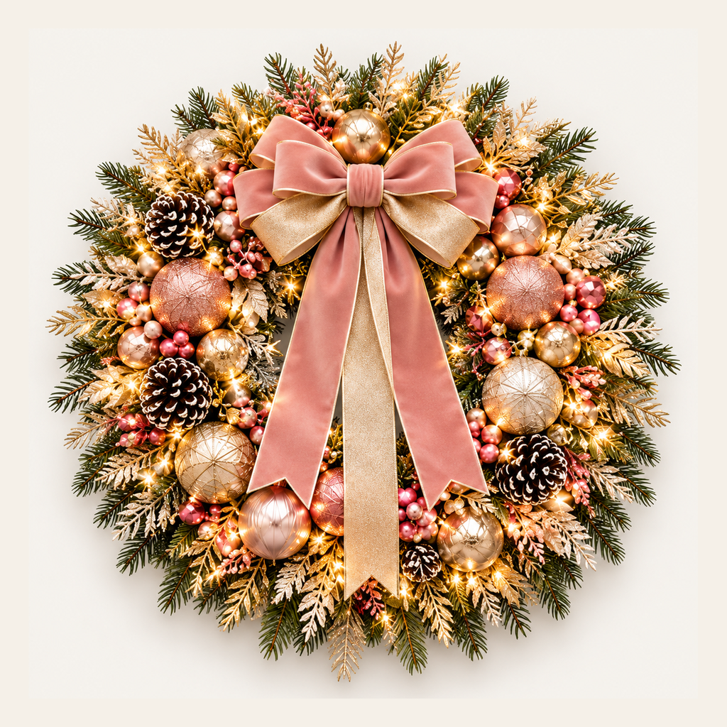 Winter White & Silver Signature Christmas Wreath, supplied AI-assisted made-to-order design concept; not to scale; illuminated concept shown