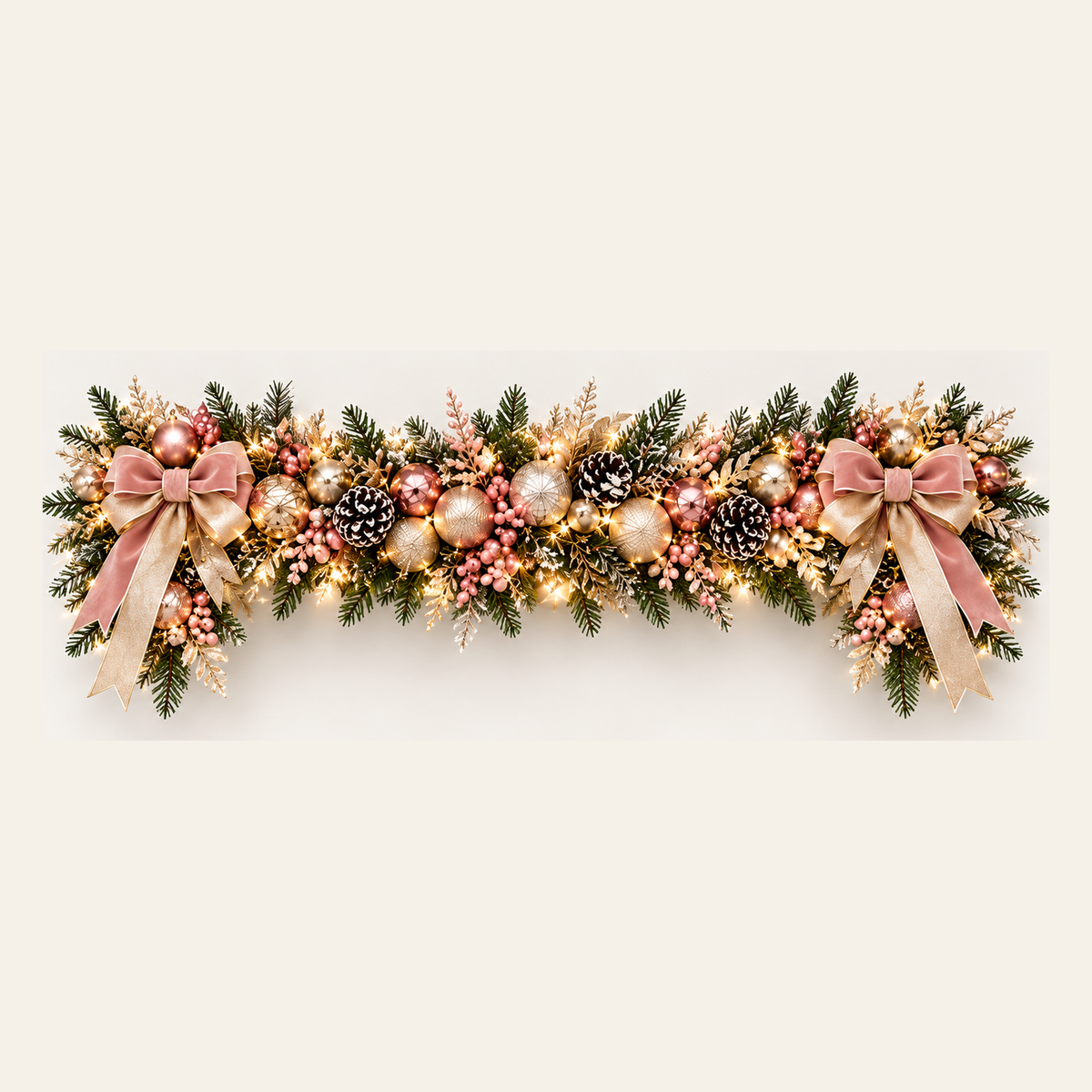 Winter White & Silver Signature Christmas Garland, supplied AI-assisted made-to-order design concept; not to scale; illuminated concept shown