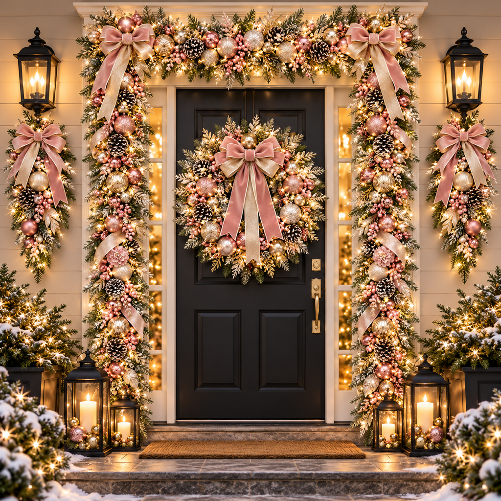 Pink Champagne Christmas entryway concept with blush ribbon, wreath, swags and garland
