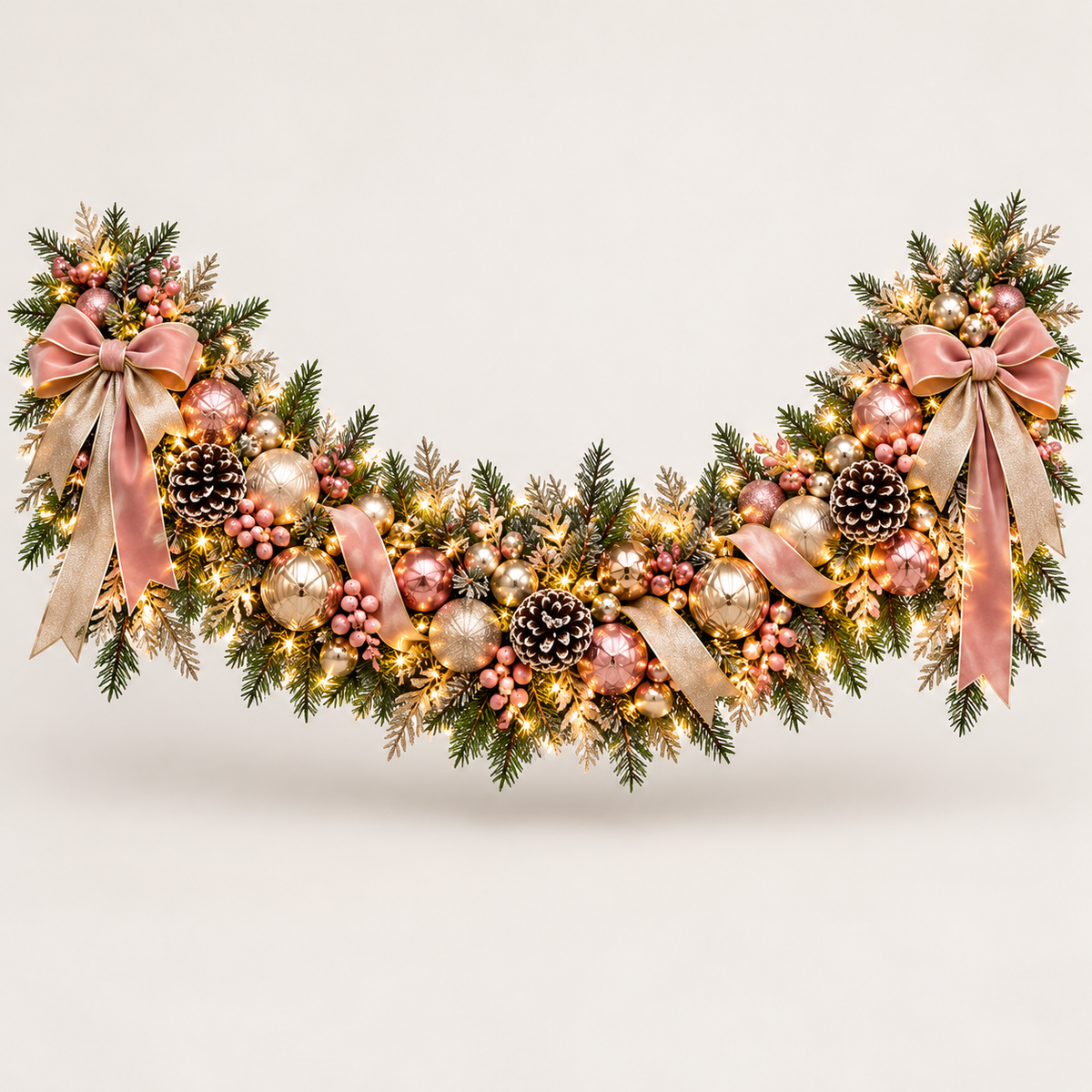 Illuminated Pink Champagne Christmas garland concept with coordinating ribbon and ornament accents