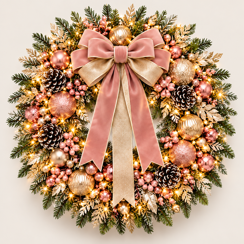 Illuminated Pink Champagne Christmas wreath concept with blush ribbon, layered greenery and ornament accents