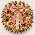 Illuminated Pink Champagne Christmas wreath concept with blush ribbon, layered greenery and ornament accents