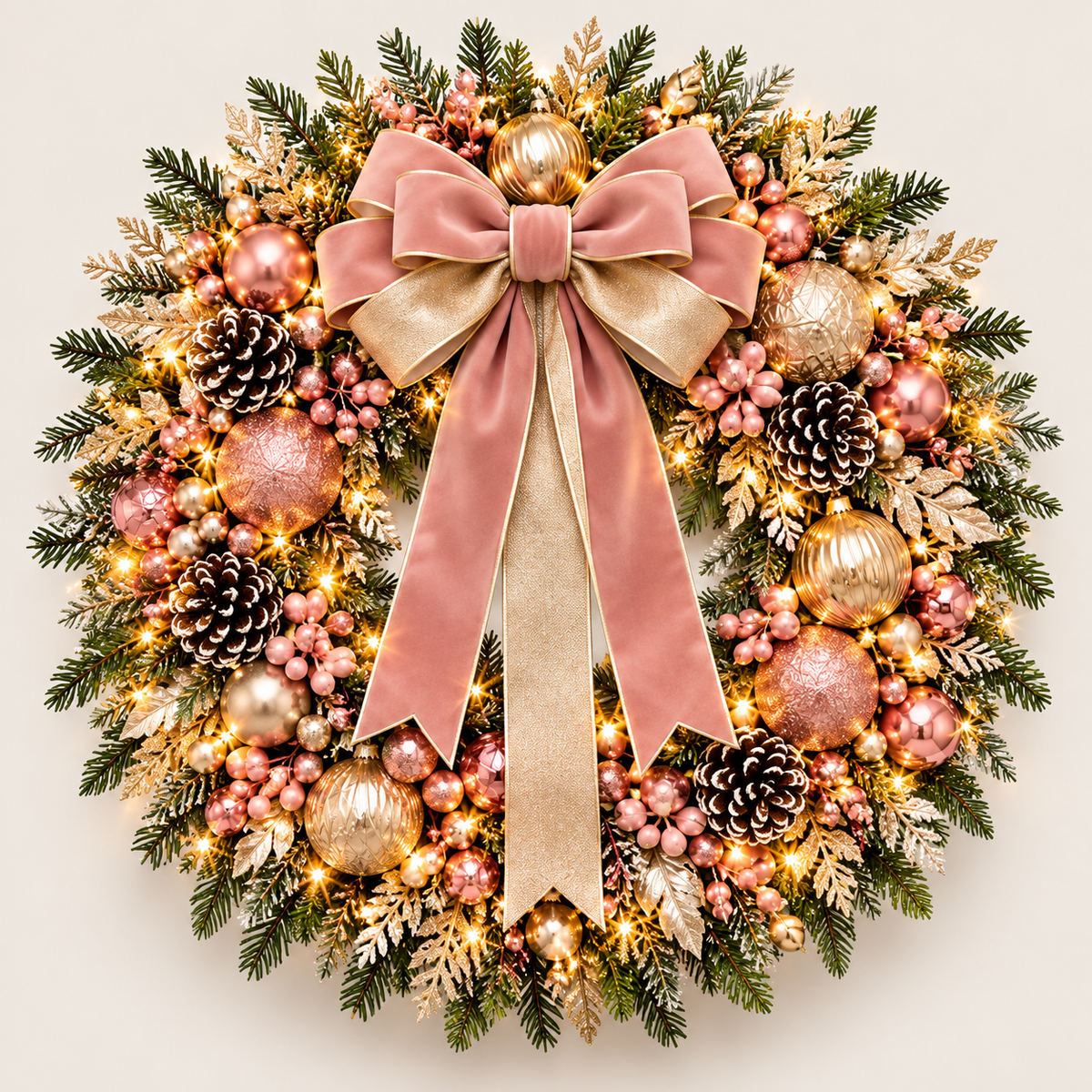 Illuminated Pink Champagne Christmas wreath concept with blush ribbon, layered greenery and ornament accents
