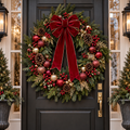 Traditional red and gold Christmas wreath concept on a black door, with red ribbon, pinecones and ornament accents