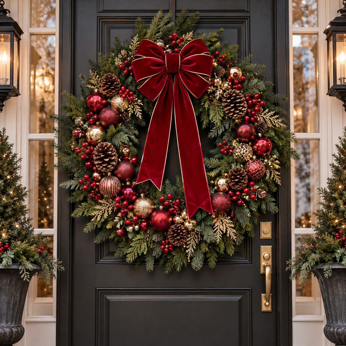 Traditional red and gold Christmas wreath concept on a black door, with red ribbon, pinecones and ornament accents