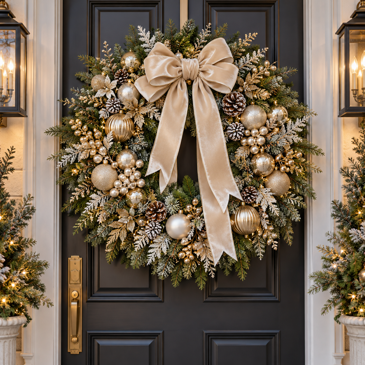 Christmas wreath concept with Champagne ribbon, ivory accents, gold ornaments and pinecones on a black door